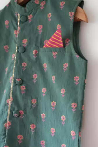 Green hand block printed cotton nehru jacket