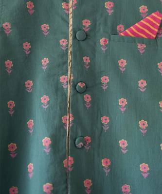 Green hand block printed cotton nehru jacket 4