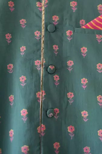 Green hand block printed cotton nehru jacket