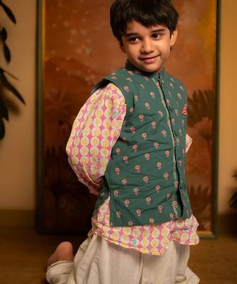 Green hand block printed cotton nehru jacket 5
