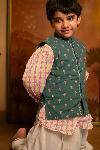 Green hand block printed cotton nehru jacket