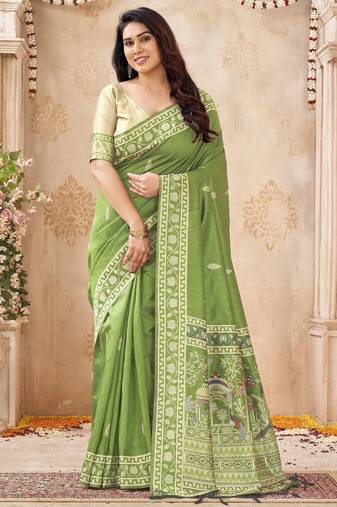 green handloom silk blend fabric woven designer graceful saree