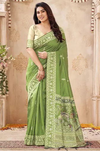 green handloom silk blend fabric woven designer graceful saree