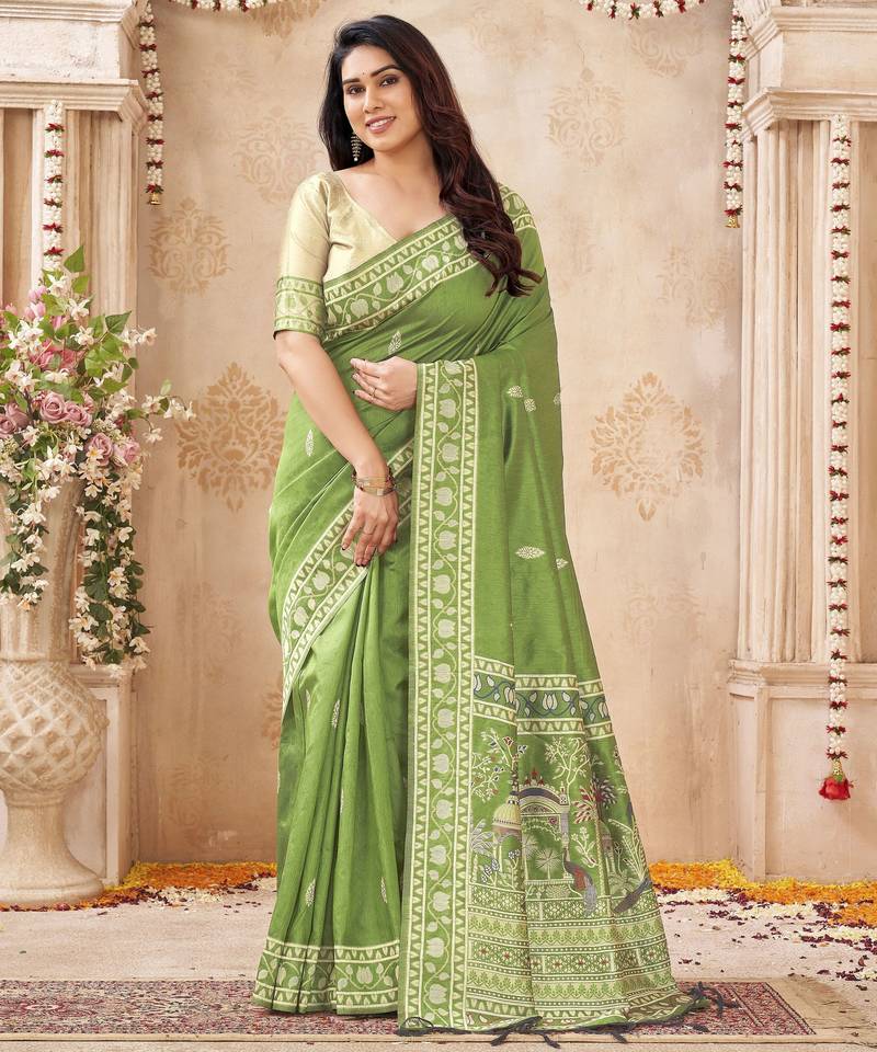 green handloom silk blend fabric woven designer graceful saree