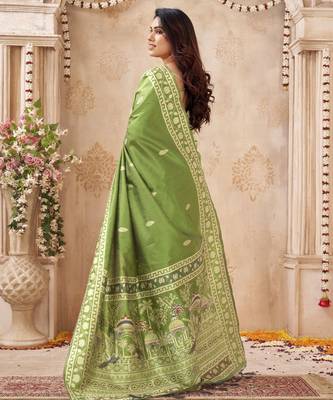 green handloom silk blend fabric woven designer graceful saree 2