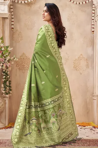 green handloom silk blend fabric woven designer graceful saree