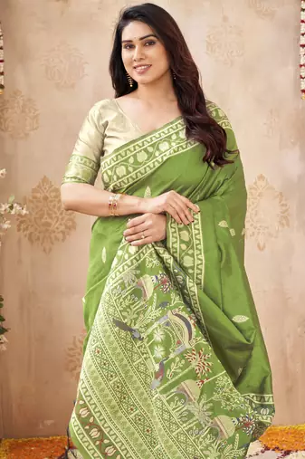 green handloom silk blend fabric woven designer graceful saree