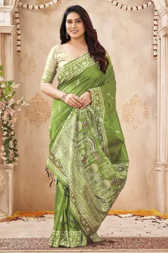 green handloom silk blend fabric woven designer graceful saree