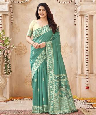 sea green handloom silk blend fabric woven designer graceful saree 1