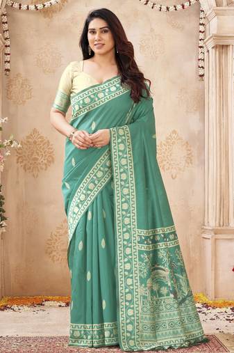 sea green handloom silk blend fabric woven designer graceful saree