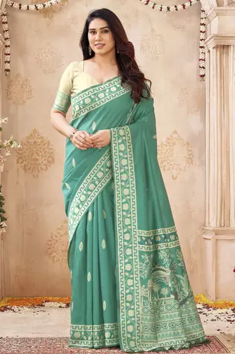 sea green handloom silk blend fabric woven designer graceful saree