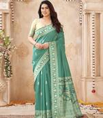 sea green handloom silk blend fabric woven designer graceful saree