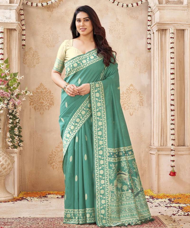 sea green handloom silk blend fabric woven designer graceful saree