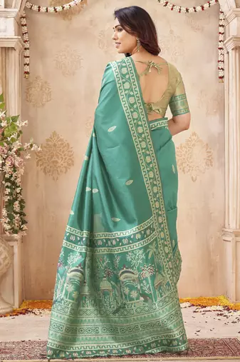 sea green handloom silk blend fabric woven designer graceful saree