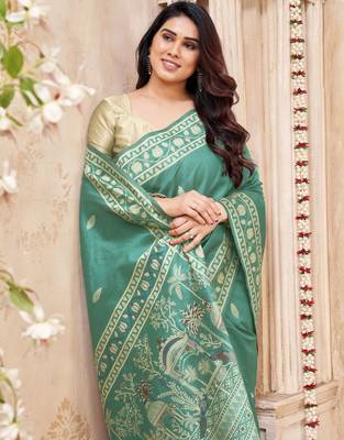 sea green handloom silk blend fabric woven designer graceful saree 3
