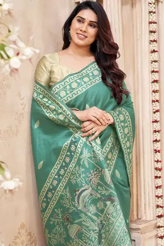 sea green handloom silk blend fabric woven designer graceful saree