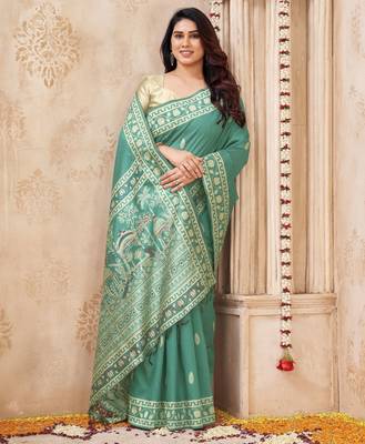 sea green handloom silk blend fabric woven designer graceful saree 4