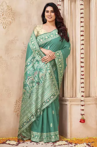 sea green handloom silk blend fabric woven designer graceful saree