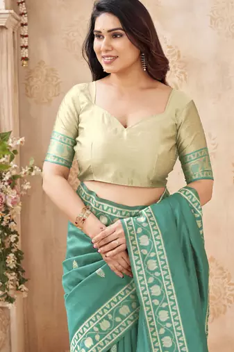 sea green handloom silk blend fabric woven designer graceful saree