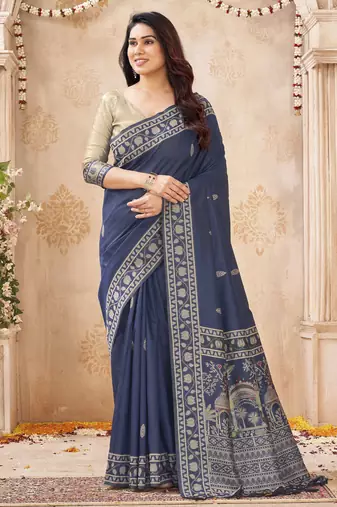 blue handloom silk blend fabric woven designer graceful saree