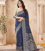blue handloom silk blend fabric woven designer graceful saree