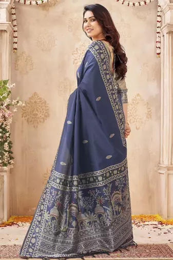 blue handloom silk blend fabric woven designer graceful saree