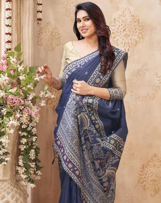 blue handloom silk blend fabric woven designer graceful saree 3