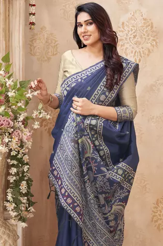 blue handloom silk blend fabric woven designer graceful saree