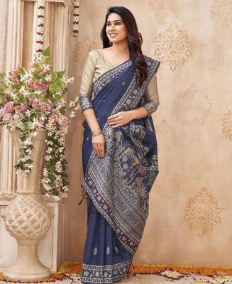 blue handloom silk blend fabric woven designer graceful saree 4