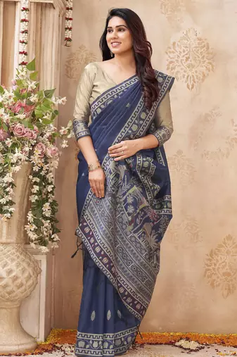 blue handloom silk blend fabric woven designer graceful saree