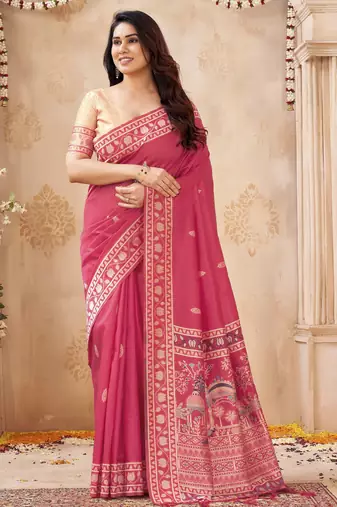 cherry handloom silk blend fabric woven designer graceful saree