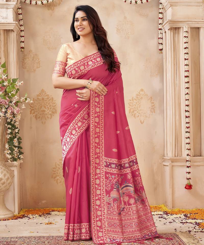 cherry handloom silk blend fabric woven designer graceful saree