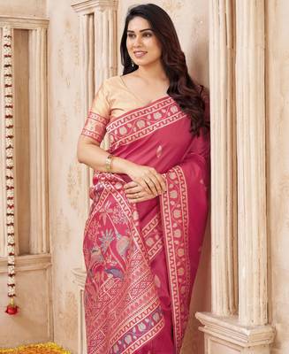 cherry handloom silk blend fabric woven designer graceful saree 3