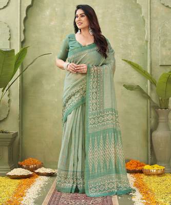 green beautiful designer ikkat printed jute linen saree 1