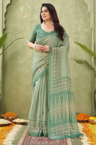 green beautiful designer ikkat printed jute linen saree