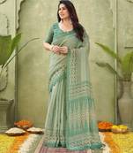 green beautiful designer ikkat printed jute linen saree