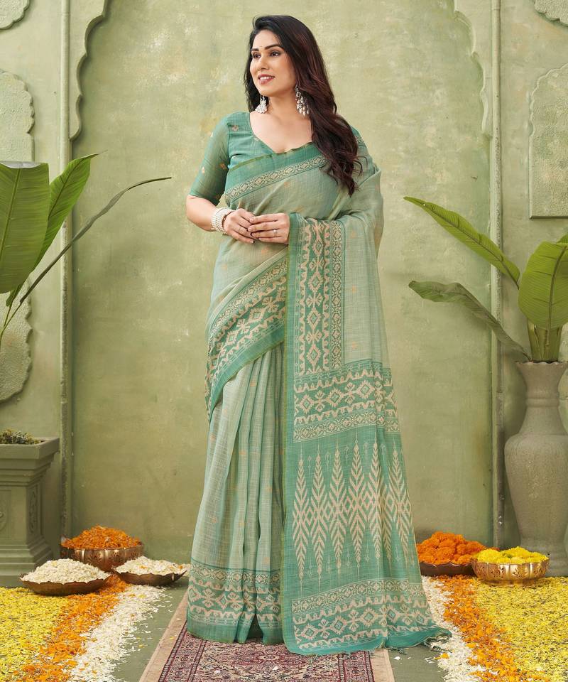 green beautiful designer ikkat printed jute linen saree