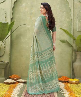 green beautiful designer ikkat printed jute linen saree 2