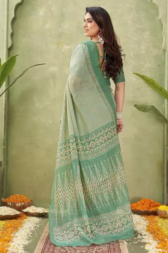 green beautiful designer ikkat printed jute linen saree