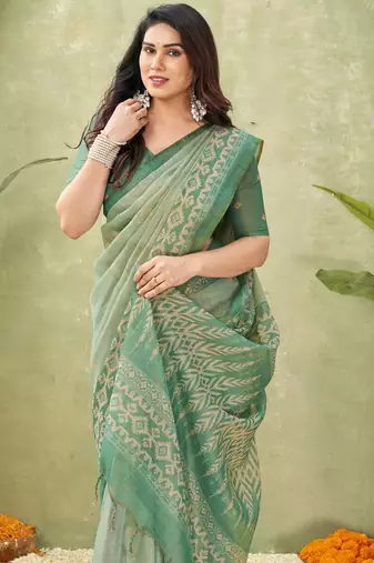 green beautiful designer ikkat printed jute linen saree