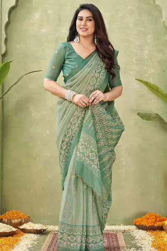 green beautiful designer ikkat printed jute linen saree