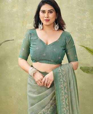 green beautiful designer ikkat printed jute linen saree 5