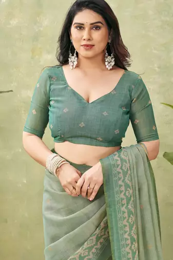green beautiful designer ikkat printed jute linen saree