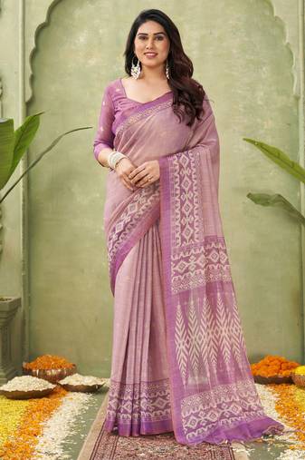 pink beautiful designer ikkat printed jute linen saree