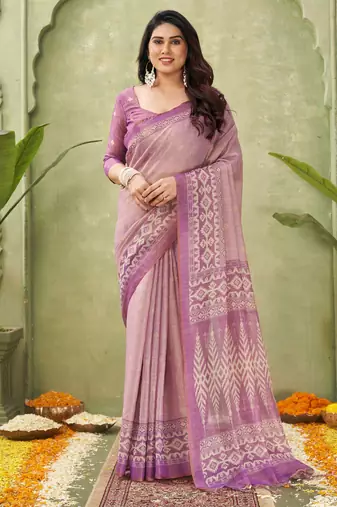 pink beautiful designer ikkat printed jute linen saree
