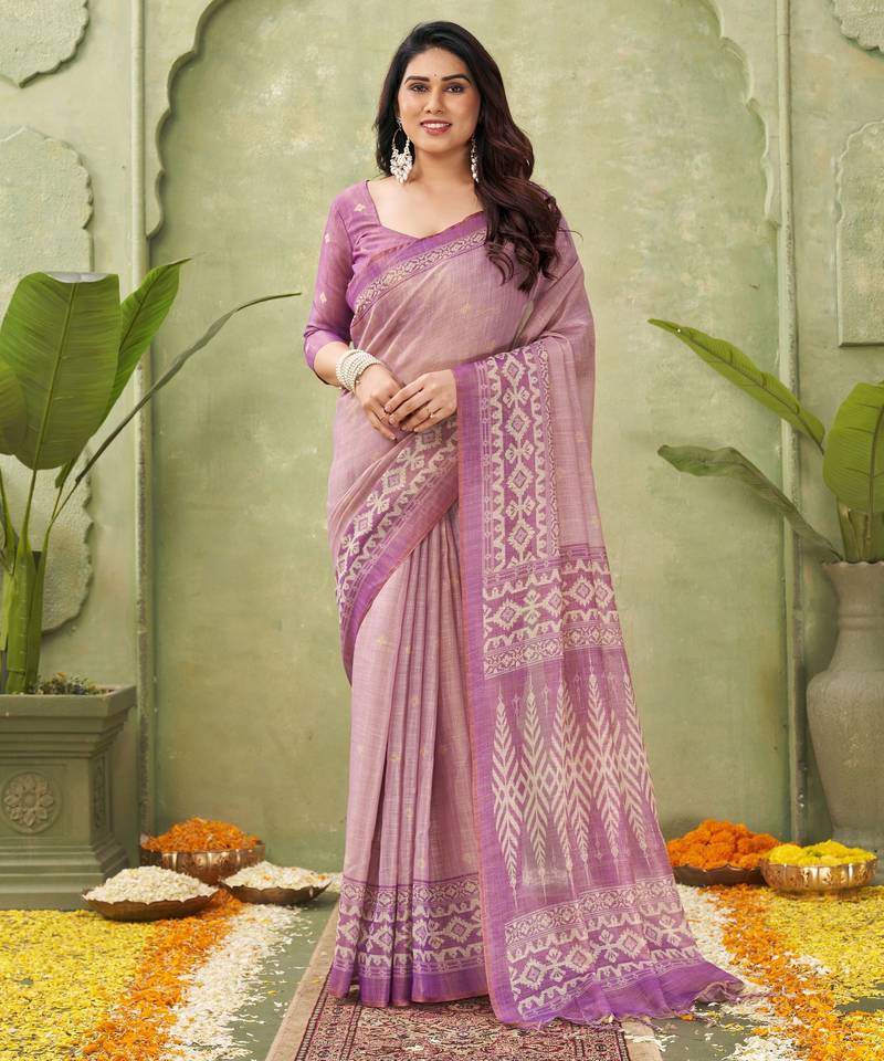 pink beautiful designer ikkat printed jute linen saree