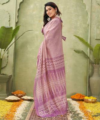 pink beautiful designer ikkat printed jute linen saree 2