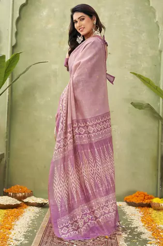 pink beautiful designer ikkat printed jute linen saree