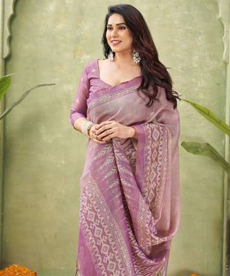 pink beautiful designer ikkat printed jute linen saree 3