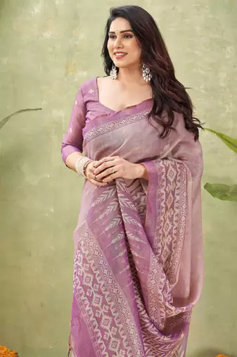pink beautiful designer ikkat printed jute linen saree